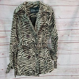 Loire NY Animal Zebra Print Furry Soft Trench Style Coat Jacket Belted  Medium